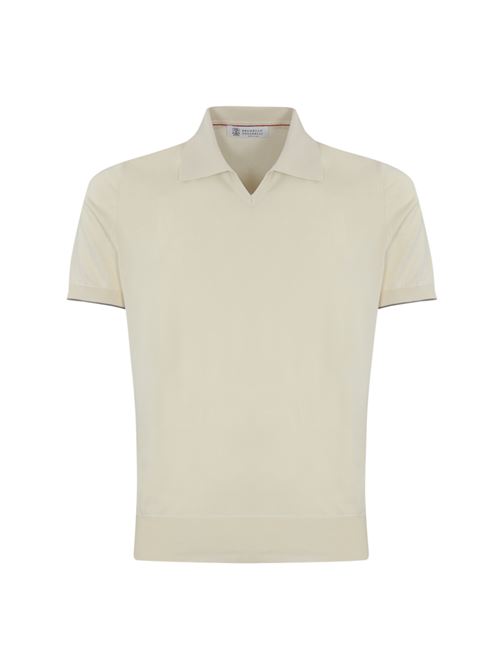 Maglia stile polo in cotone English white/grigio BRUNELLO CUCINELLI | M29800145CXV04